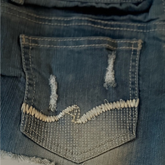 Almost Famous Distressed Blue Denim Shorts with Striped Pocket Trim - Picture 5 of 5